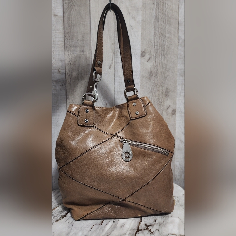 Michael Kors Taupe Quilt Pattern Leather Hobo Shoulder Bag